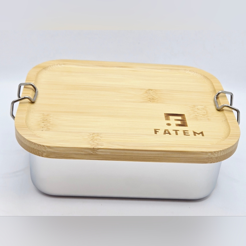FATEM Stainless Steel Lunch Box with Bamboo Lid - Silver and Natural Wood - Picture 5 of 8